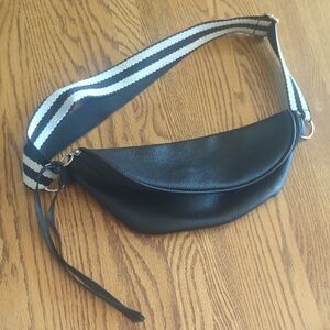 Black Faux Leather Belt Bag with Striped Strap By Ulta